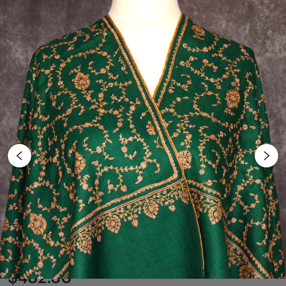 Kashmiri Luxurious Green and Gold Embroidered scarf/Throw Blanket